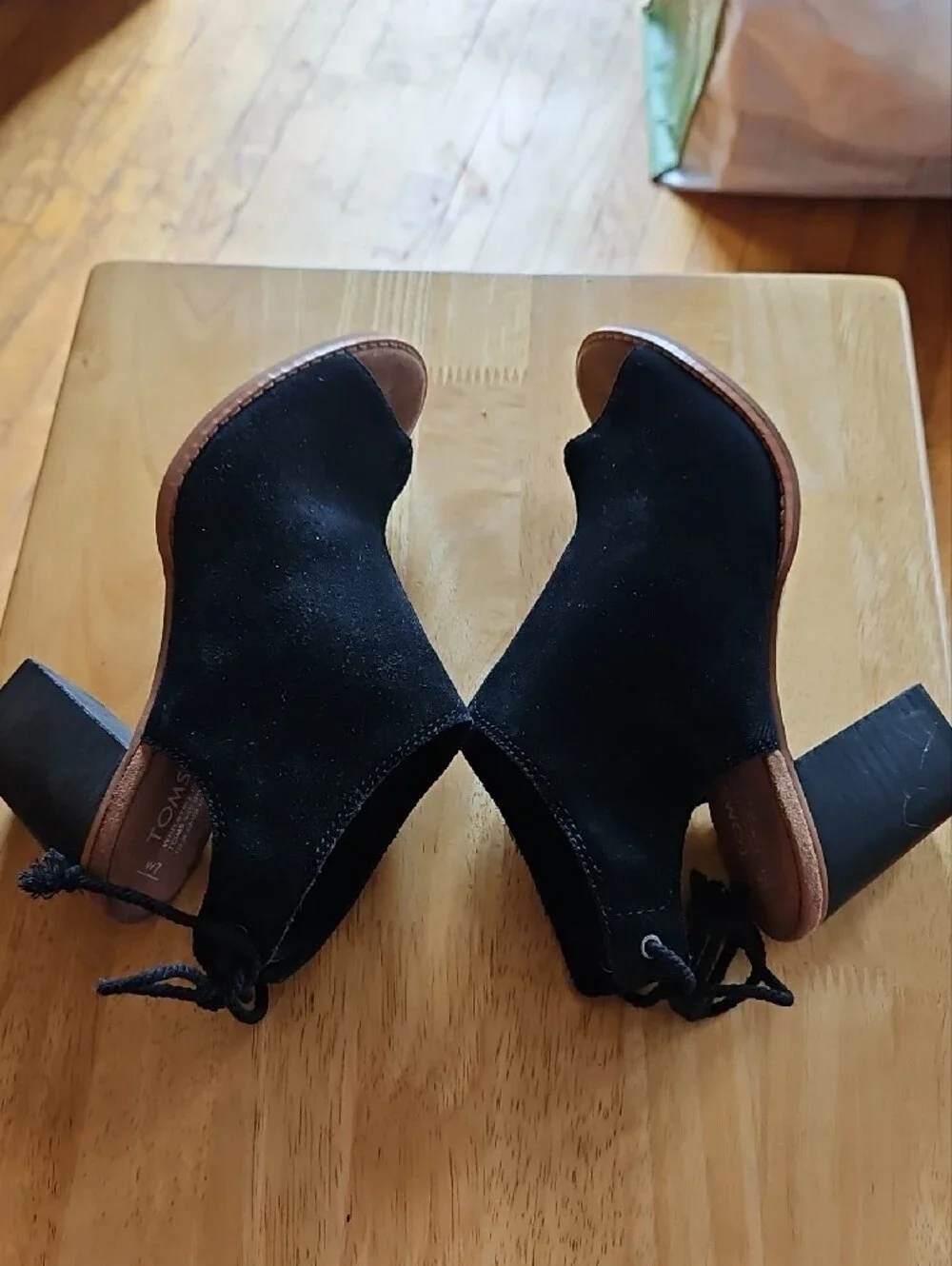 Toms Elba Black Suede Peep-Toe Block Heel Sandals